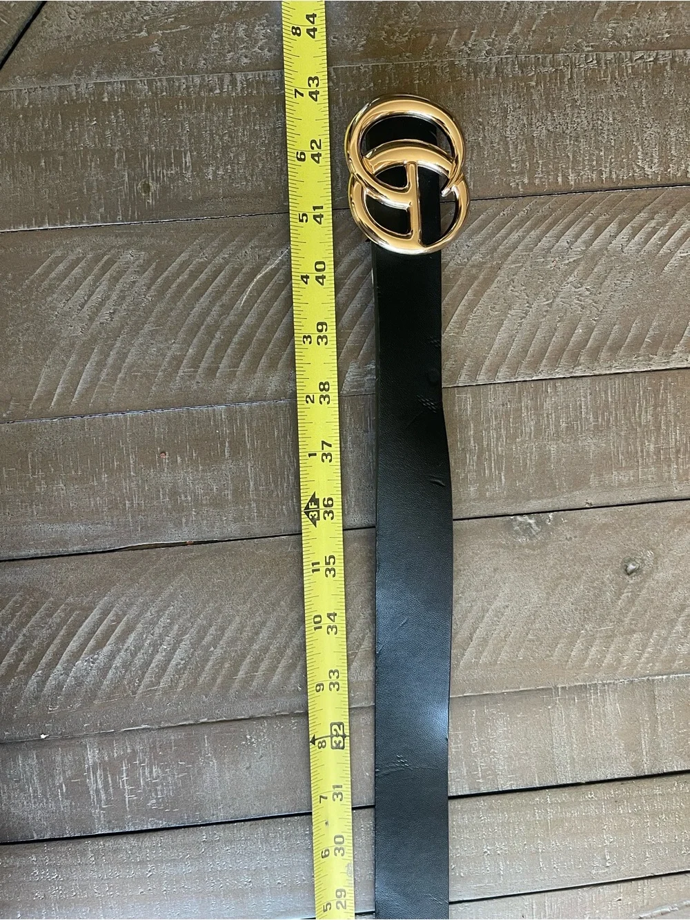 Black Leather Belt with Gold Double-G Ring Buckle